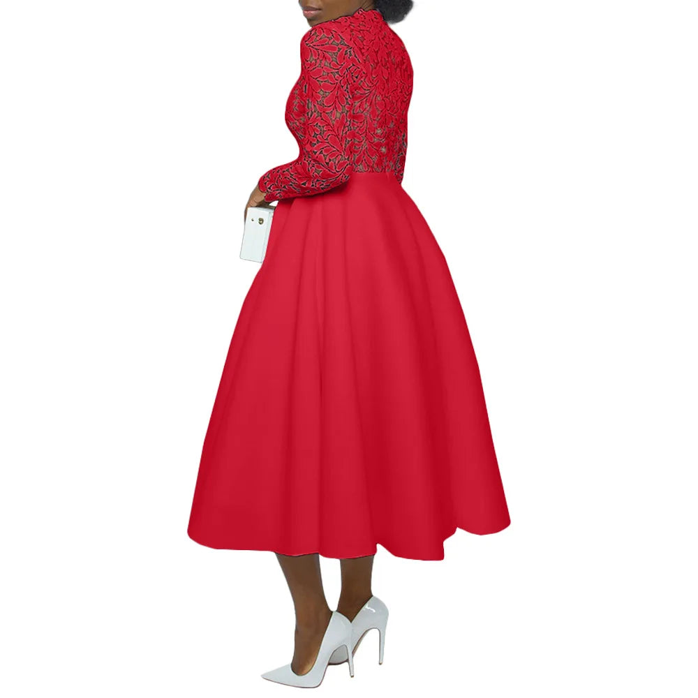 Women Long Dress A Line Dresses Lace Floral Party Night Wedding Mock Neck White Prom Hight Waist Slim Elegant Maxi Vestidos