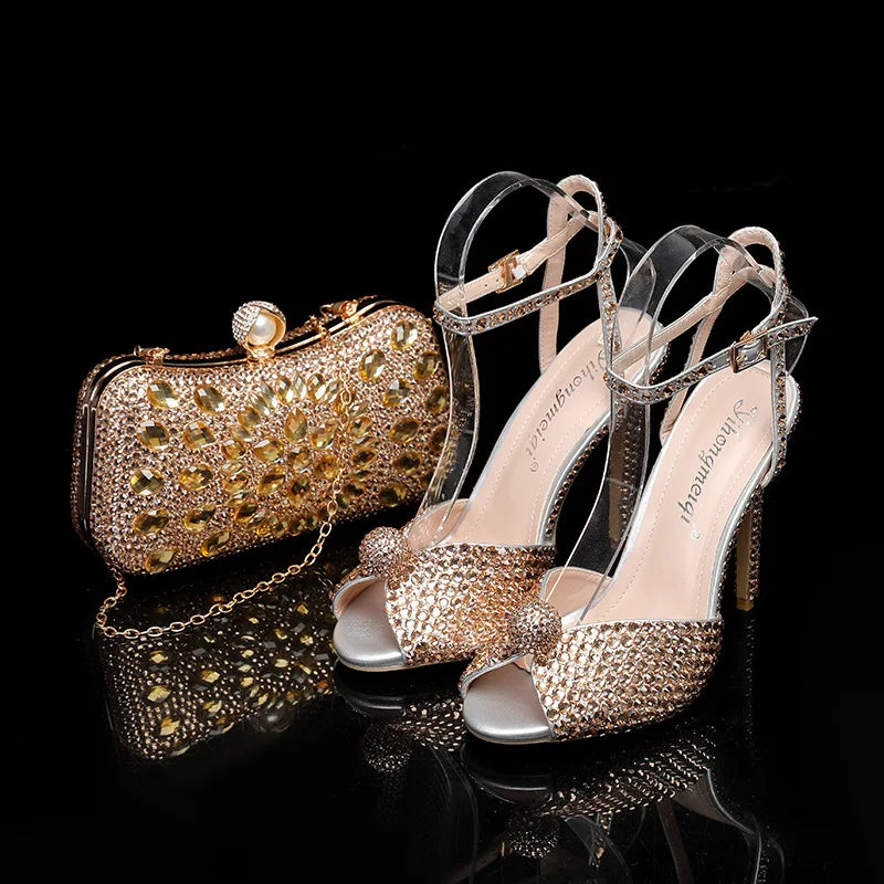 2024 Autumn New Fish Mouth High Heels Slim Heels Shallow Mouth Water Diamond Pearl Women's Single Shoes Wedding Wedding Shoes