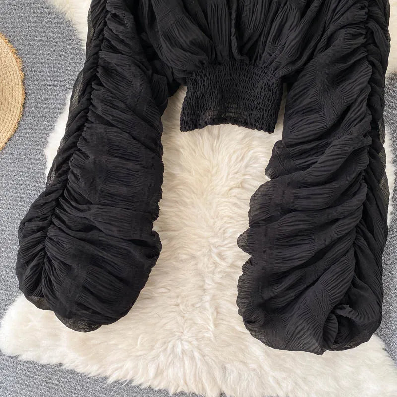 Women Sexy Chiffon Short Blouse Female See Through Super Long Sleeve Blusas Purple/Green/Black/White Folds Party Tops 2022 New