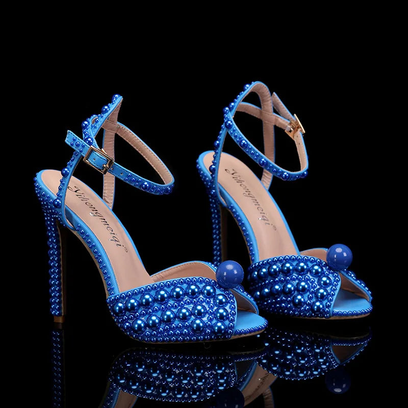 2024 Autumn New Fish Mouth High Heels Slim Heels Shallow Mouth Water Diamond Pearl Women's Single Shoes Wedding Wedding Shoes