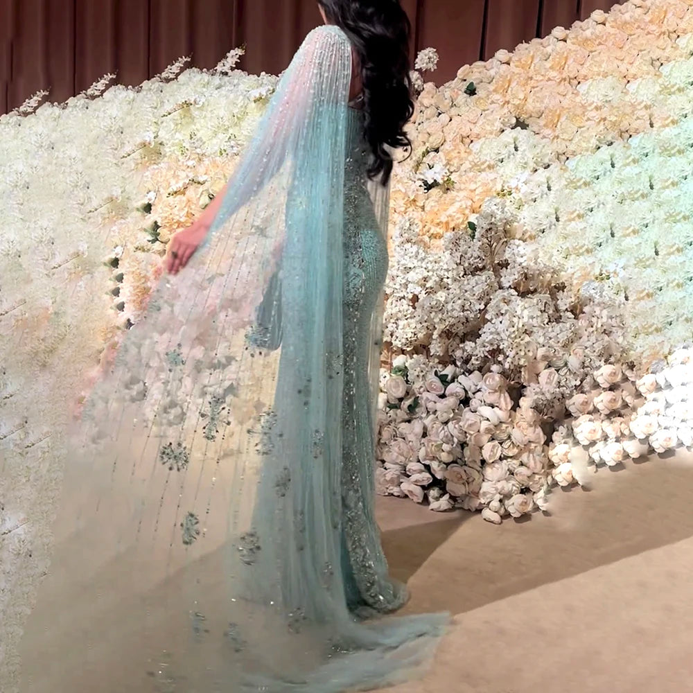 Mermaid Cape Sleeves Evening Dress Elegant Blue Luxury Beaded Crystal Tulle Prom Gowns Floor Length Party vestido For Women
