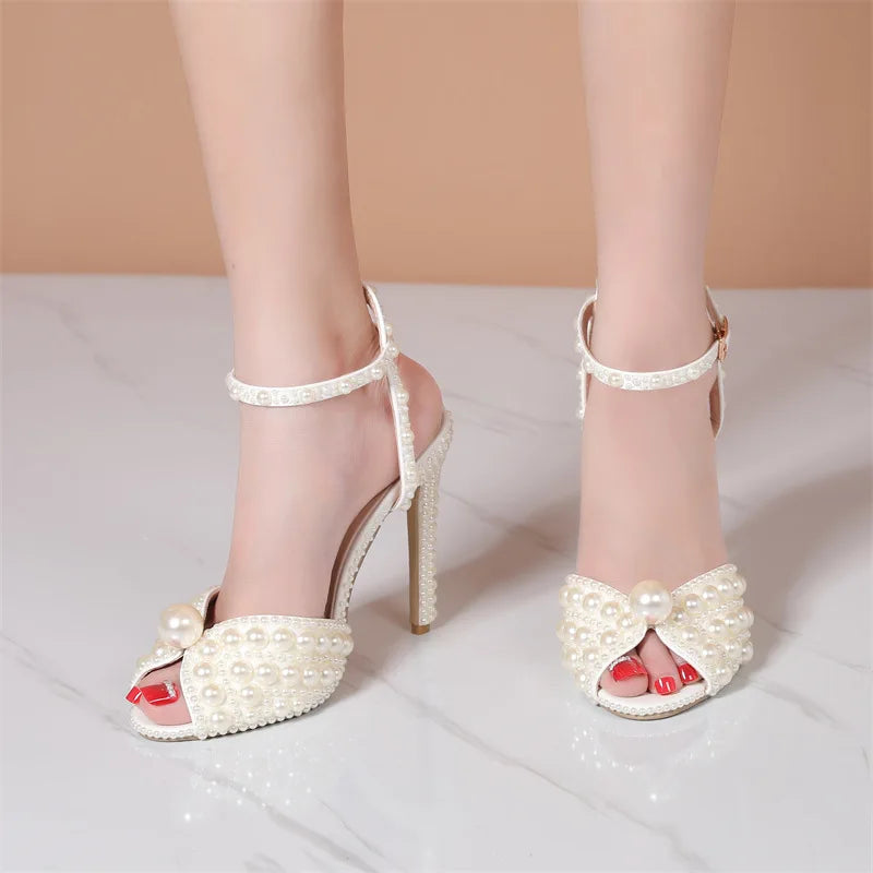 2024 Autumn New Fish Mouth High Heels Slim Heels Shallow Mouth Water Diamond Pearl Women's Single Shoes Wedding Wedding Shoes