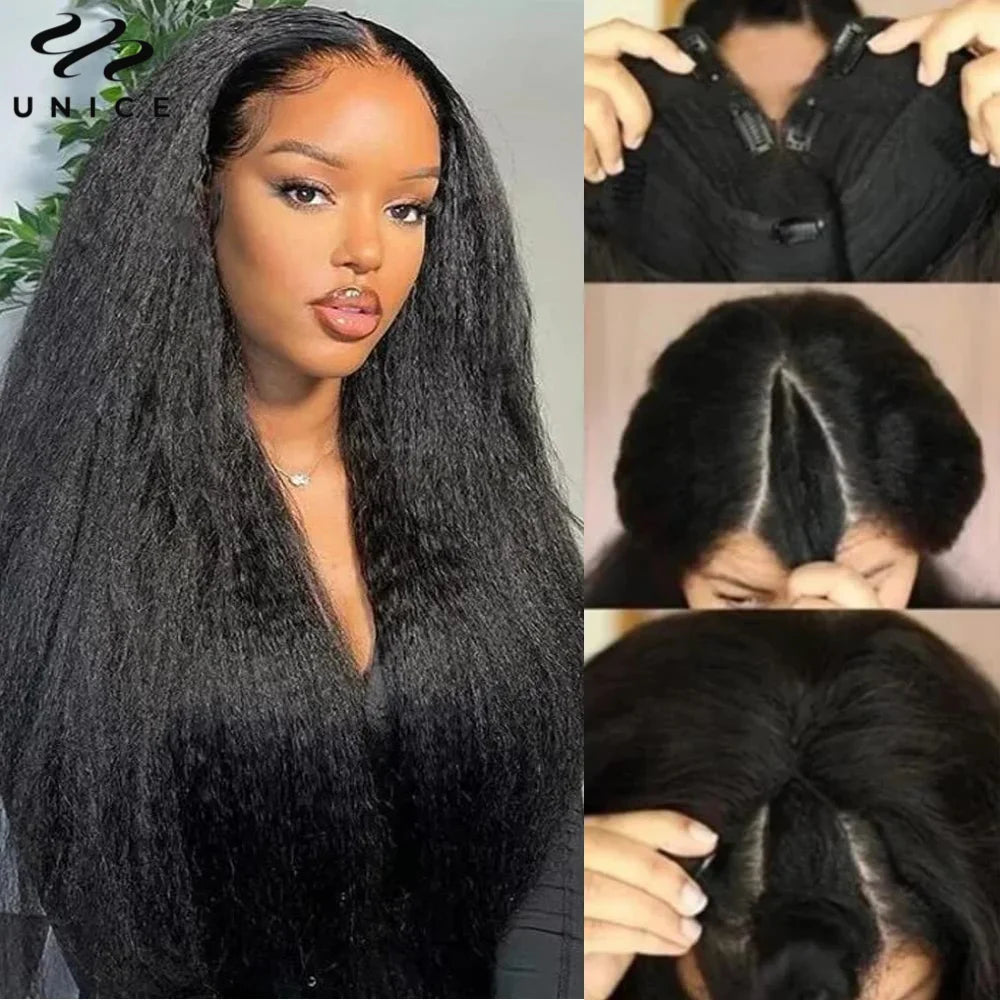 UNice Hair Drawstring Cap Kinky Straight V Part Wig & U Part Wig EasiContour 100% Human Hair Wigs No Glue Small Head Friendly