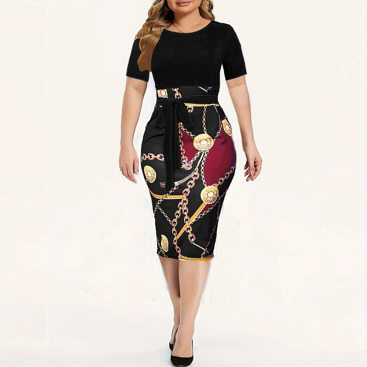 Commuter wrap-around dress, Women's Colorblock Chain Print Short Sleeve Round Neck Slight Stretch Slim Fit Mini Dress With Belt