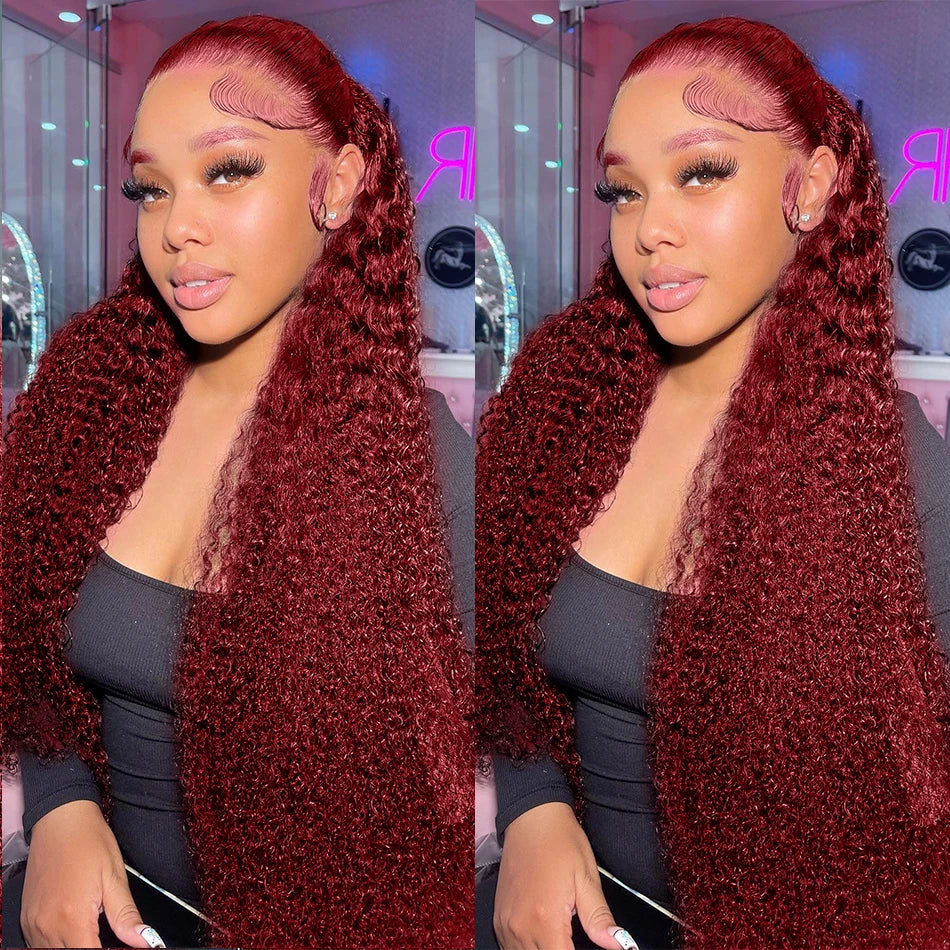 Burgundy Curly 13x6 Hd Lace Frontal Wig Human Hair 100% Brazilian 13x4 Water Deep Wave 99J Red Colored Wig For Women 30 40 Inch