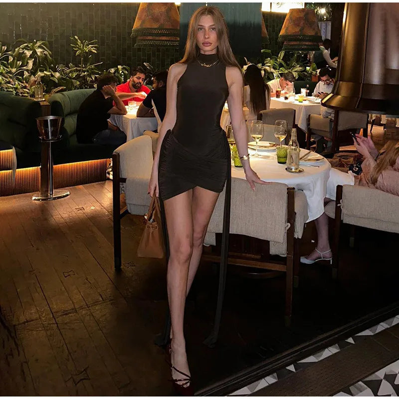 Irregular One Shoulder Pleated Dress Women's Vintage Mock Neck Slim Fit Mini Vestidos 2025 Lady Summer Vacation Party Gowns New