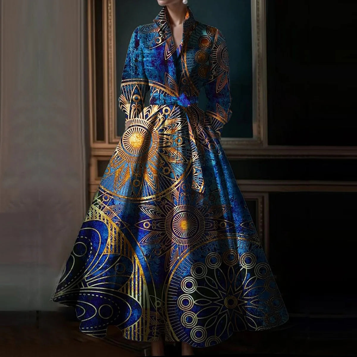 Elegant Floral Printing Maxi Dresses Multicolor Turndown Collar Long  Sleeve Cotton Long Dress Party Wedding Evening Dress 2024