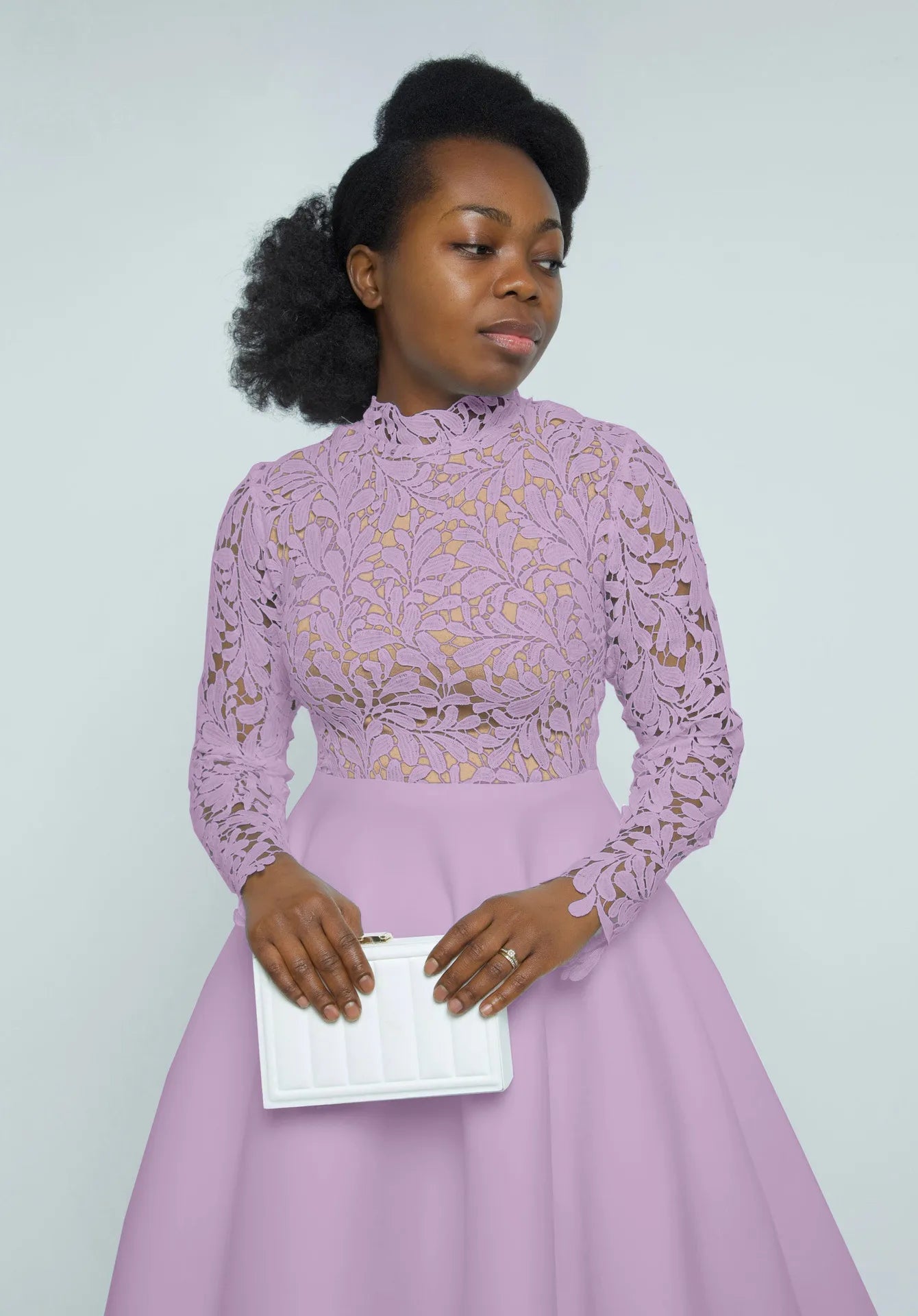 Women Long Dress A Line Dresses Lace Floral Party Night Wedding Mock Neck White Prom Hight Waist Slim Elegant Maxi Vestidos