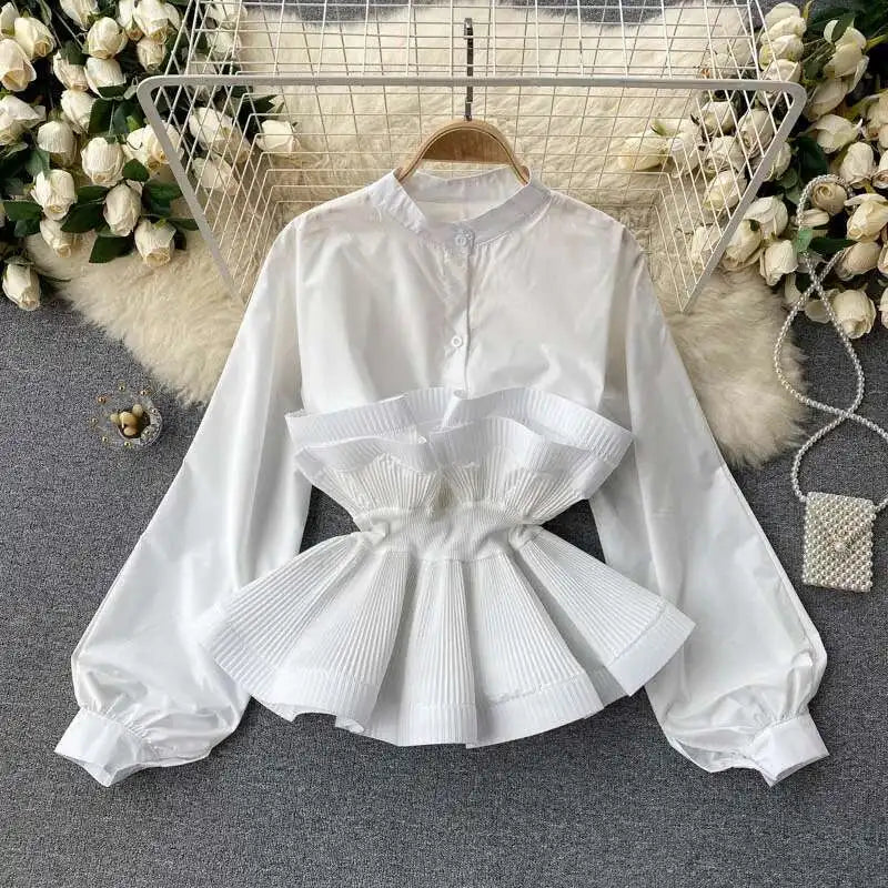 XFPV Women Puff Sleeve Pleated Ruffle Solid Casual Blouse Patchwork Y2k Top Slim Waist Shirt Sweet Summer Spring 2025 SM2983
