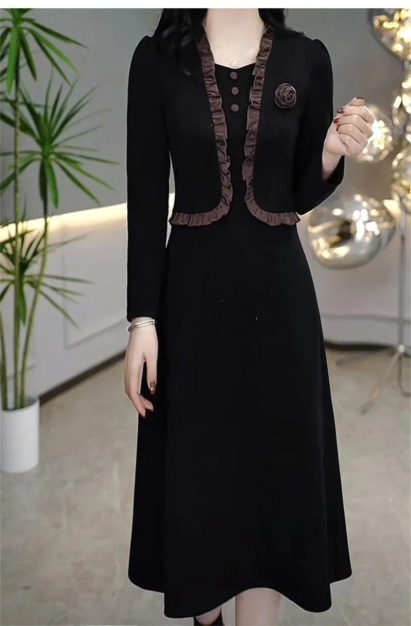 Autumn Winter Add Velvet Long Dress Women Fake Two Pieces Long Sleeve Dress High End Elegant Mother Wedding Party Dress Vestidos