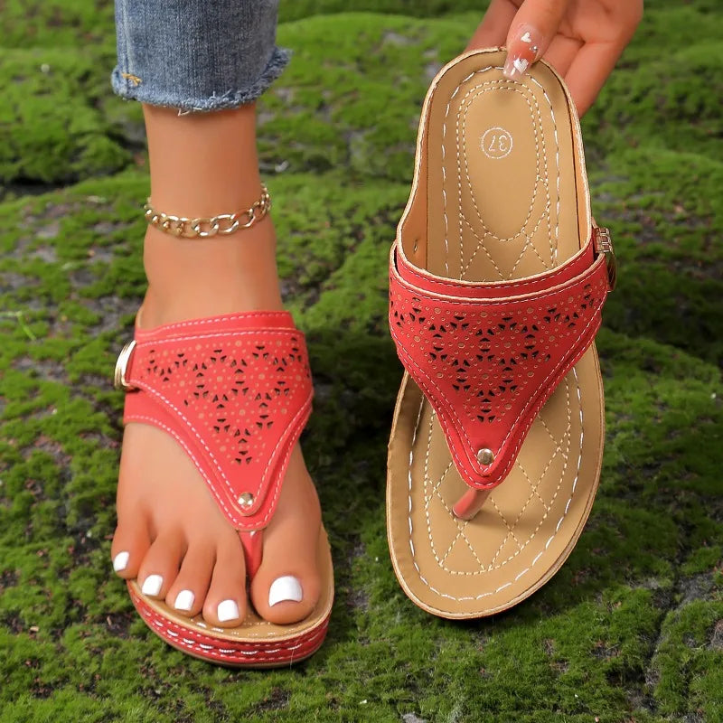 Women Wedge Platform Slippers 2025 Summer New Clip Toe Orthopedic Arch Support Sandals Pu Leather Non-Slip Soft Shoes Flip Flops