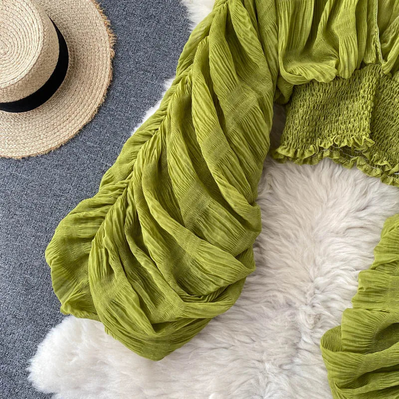 Women Sexy Chiffon Short Blouse Female See Through Super Long Sleeve Blusas Purple/Green/Black/White Folds Party Tops 2022 New