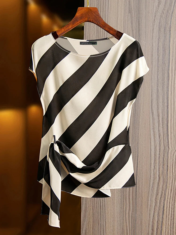 ZANZEA 2025 Korean Striped Printed Tops Fashion Short Sleeve Blouse Holiday Summer HolidayLoose Belted Tunic Casual Simple Tops