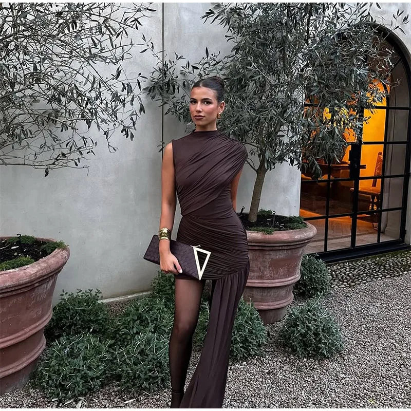 Irregular One Shoulder Pleated Dress Women's Vintage Mock Neck Slim Fit Mini Vestidos 2025 Lady Summer Vacation Party Gowns New