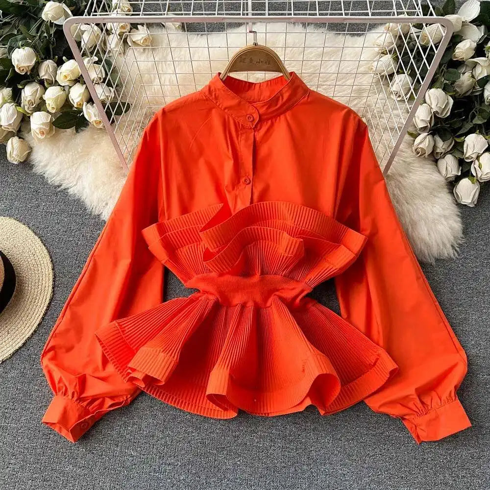 XFPV Women Puff Sleeve Pleated Ruffle Solid Casual Blouse Patchwork Y2k Top Slim Waist Shirt Sweet Summer Spring 2025 SM2983