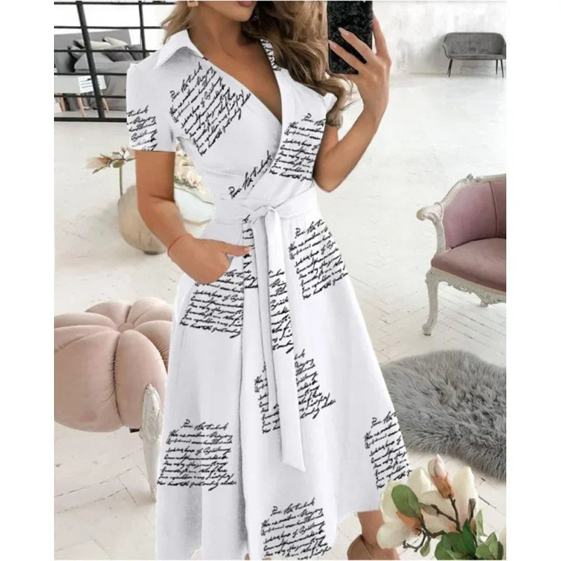 2023 Spring Autumn Dress Women Fashion Solid Slim Pocket Lace Up Dress Women Casual Printed Short Sleeve V-neck High Waist Dress
