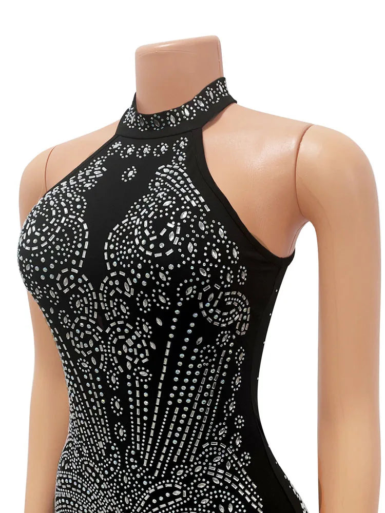 Women Sexy Halter Sleeveless Rhinestone Decor Bodycon Dress Back Zipper Slim Night Club Dresses Vestido