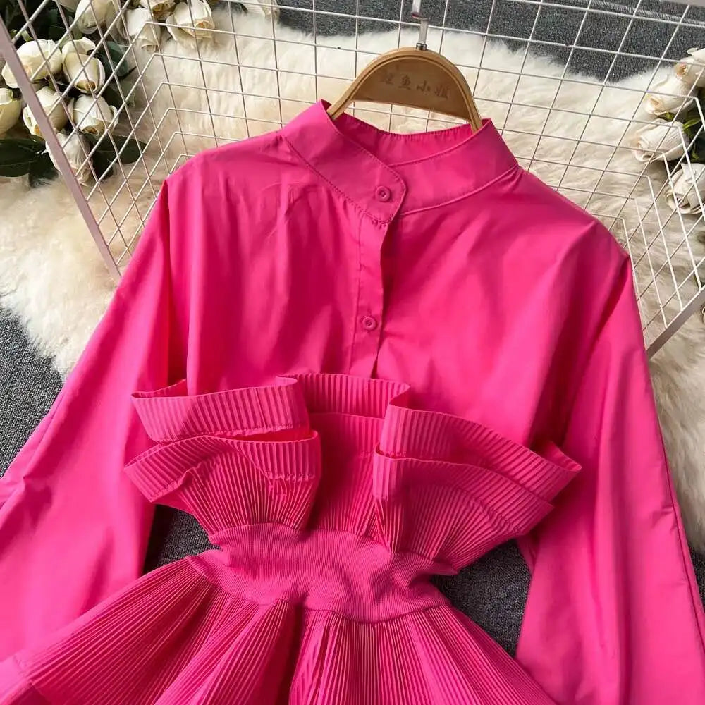 XFPV Women Puff Sleeve Pleated Ruffle Solid Casual Blouse Patchwork Y2k Top Slim Waist Shirt Sweet Summer Spring 2025 SM2983