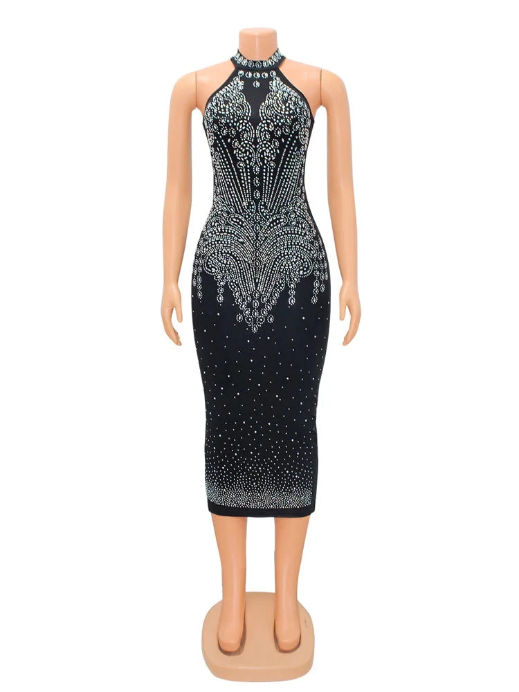 Women Sexy Halter Sleeveless Rhinestone Decor Bodycon Dress Back Zipper Slim Night Club Dresses Vestido