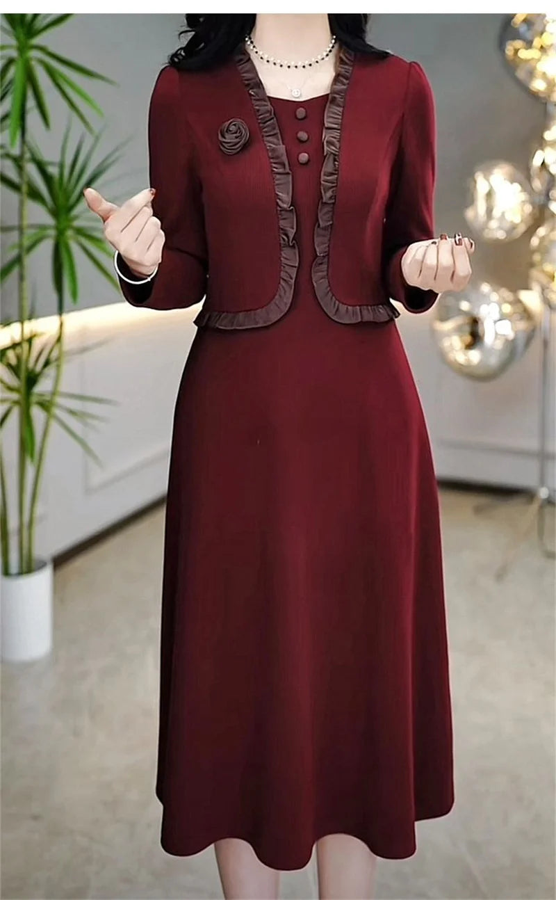 Autumn Winter Add Velvet Long Dress Women Fake Two Pieces Long Sleeve Dress High End Elegant Mother Wedding Party Dress Vestidos