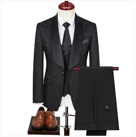 Men High Quality Wedding Jacquard Suits Fashion Male Business Social Dance Party Dress Blazers and Pant with Vest