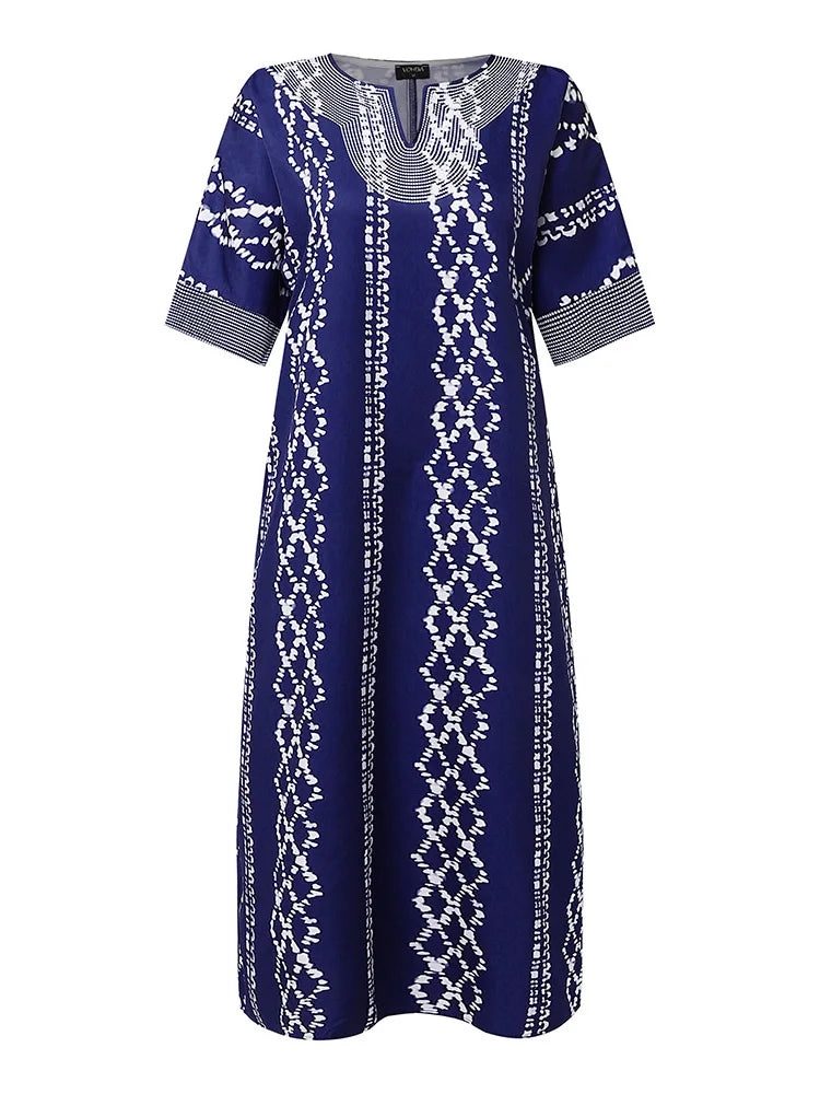 2025 VONDA Printed Maxi Dresses Vintage Women Bohemian Vestidos Casual 3/4 Sleeve Sundress Oversize Simple Elegant Long Robe