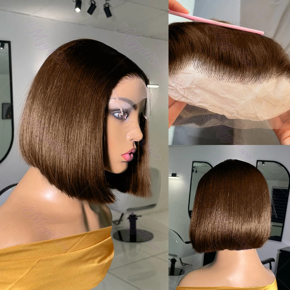 Brazilian  250 Density Short Bob 13x4 HD Transparent Lace Front Human Hair Wig Chocolate Brown Straight 13x5 Lace Frontal Wigs