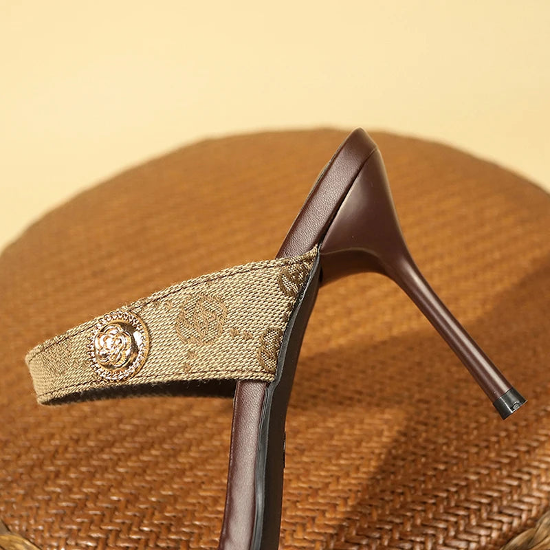 Flower Embroidery Stiletto Heel Slippers Women 2025 Summer Open Toe High Heels Sandals Woman Brand Fashion Party Shoes Plus Size