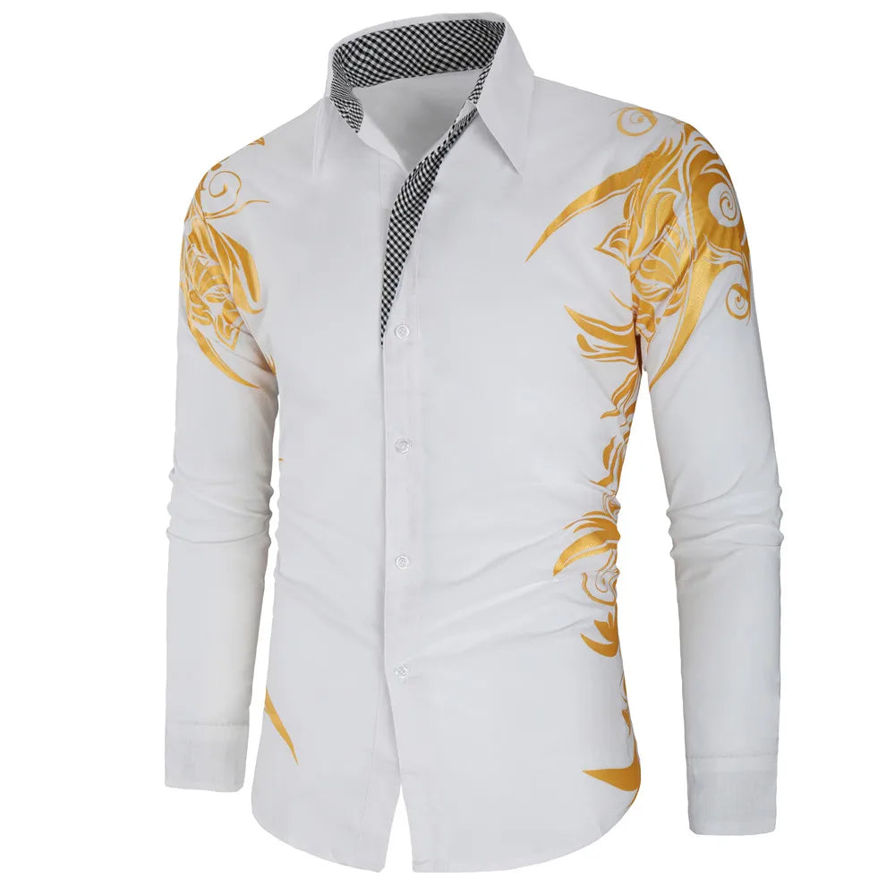 2024 Men's Brand Shirt, Luxury Gold High Quality Long Sleeve Shirts, Business White Black Men Dress Prom Social Print Shirts
