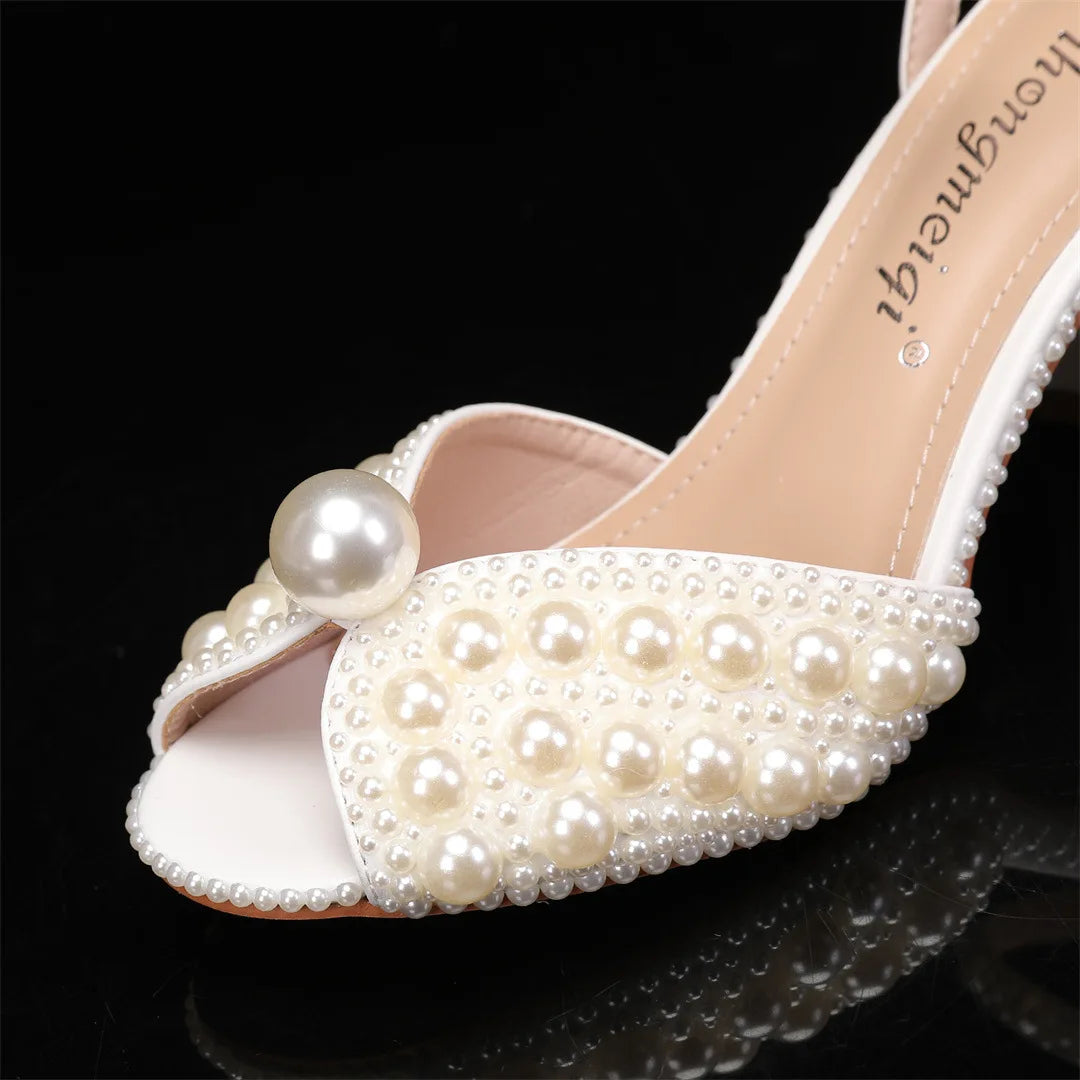2024 Autumn New Fish Mouth High Heels Slim Heels Shallow Mouth Water Diamond Pearl Women's Single Shoes Wedding Wedding Shoes