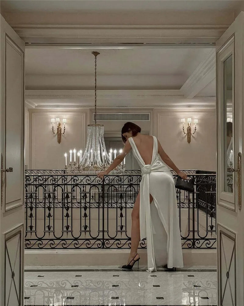 Mozision Satin Backless Sexy Maxi Dress For Women Elegant Rose Thigh High Split Beach Holiday Long Dress Gorgeous Club Gown