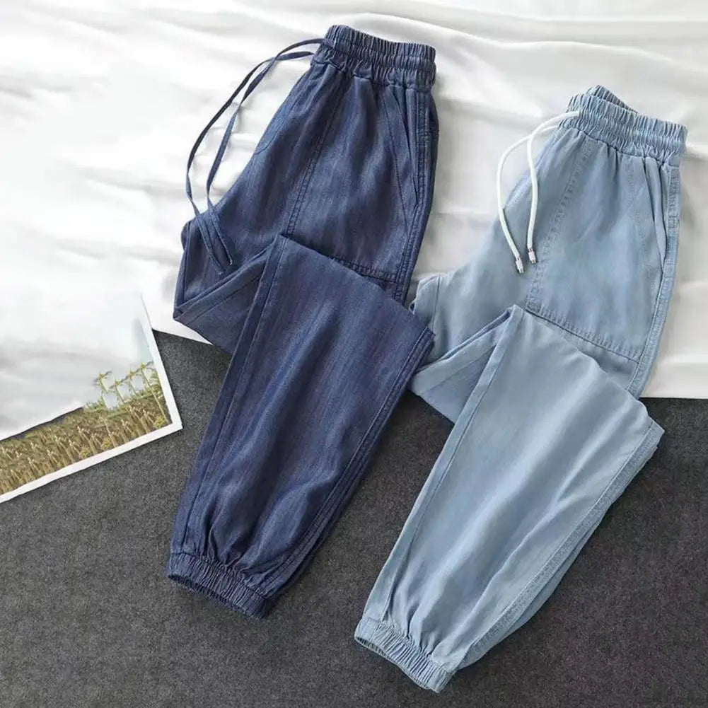 Summer Thin Ice Silk Jeans Women Elastic High Waist Drawstring Harem Pants Loose All-matched Beam Leg Nine Points Denim Pants