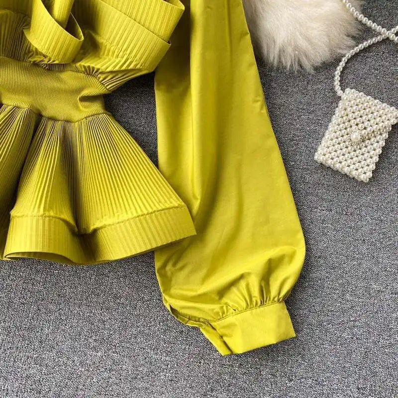 XFPV Women Puff Sleeve Pleated Ruffle Solid Casual Blouse Patchwork Y2k Top Slim Waist Shirt Sweet Summer Spring 2025 SM2983