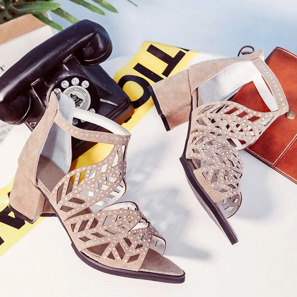 2022 New Style Women Summer Hollow Out Faux Leather Rhinestones Thick Heel Zipper Sandals Shoes Eur 35-41