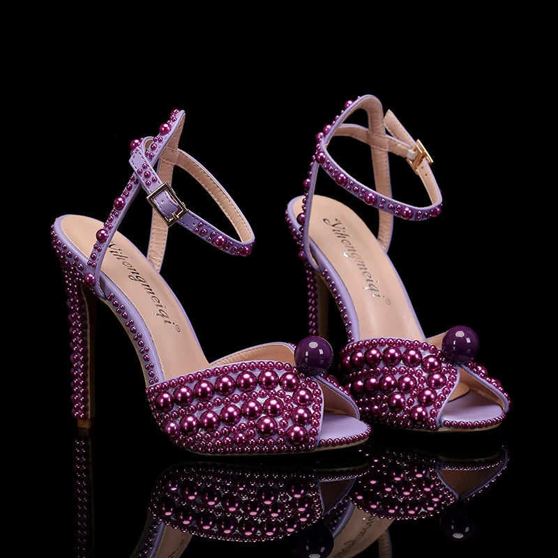 2024 Autumn New Fish Mouth High Heels Slim Heels Shallow Mouth Water Diamond Pearl Women's Single Shoes Wedding Wedding Shoes