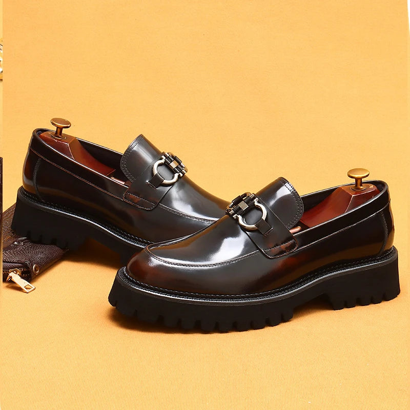 cow leather British loafers men glossy leather business casual Heightenin shoes non slip tire soles dress shoes Round toe shoes