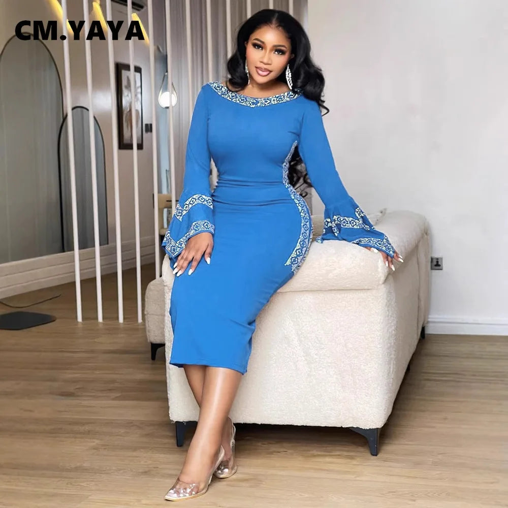 CM.YAYA Women O-neck Elegant Long Flare Sleeve Rhinestones Midi Dress 2025 OL Pencil Streetwear Africa Club Dresses Vestidos