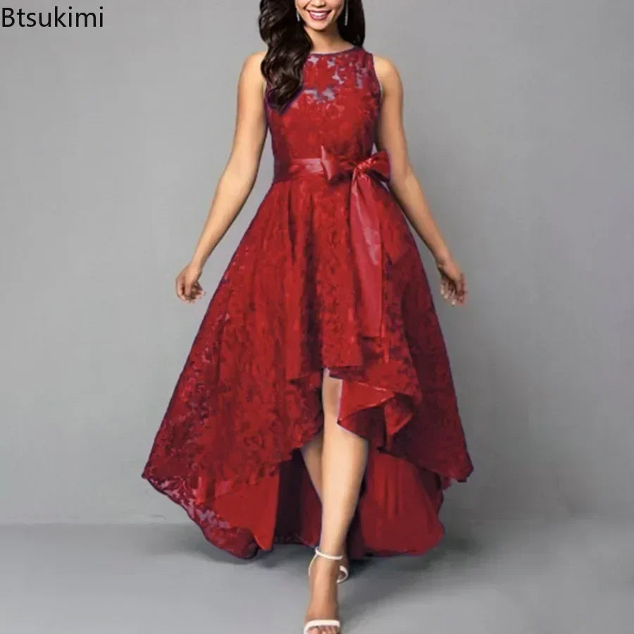 2025 Women's Wedding Bridesmaid Dress Elegant Lace Evening Sweet Party Dress Plus Size Slim High Waist Bow Maxi Dresses Female