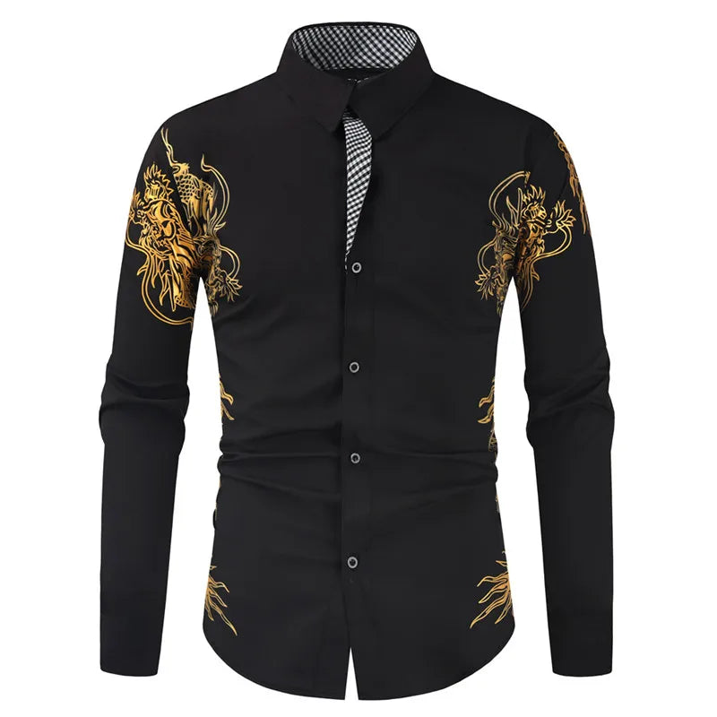 2024 Men's Brand Shirt, Luxury Gold High Quality Long Sleeve Shirts, Business White Black Men Dress Prom Social Print Shirts