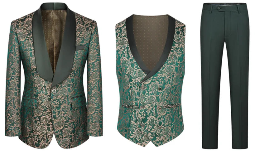 Men High Quality Wedding Jacquard Suits Fashion Male Business Social Dance Party Dress Blazers and Pant with Vest