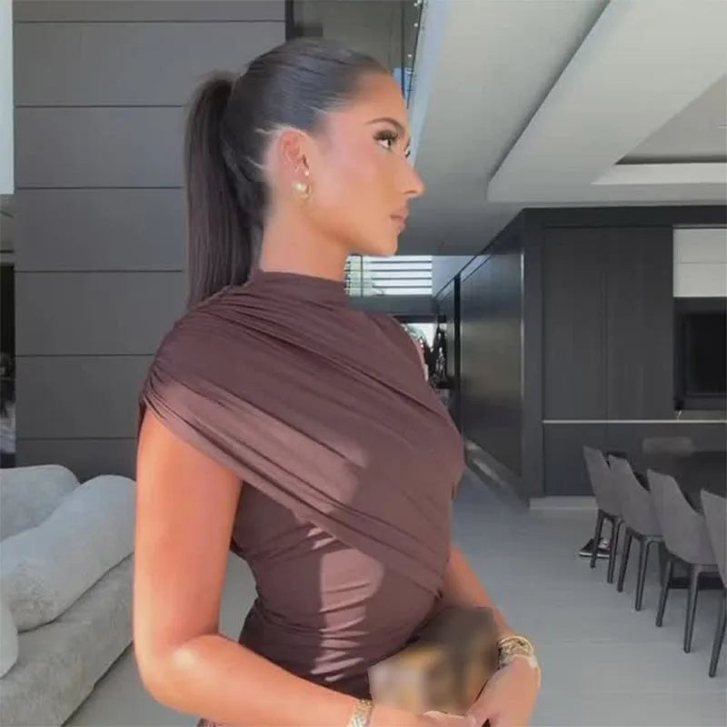 Irregular One Shoulder Pleated Dress Women's Vintage Mock Neck Slim Fit Mini Vestidos 2025 Lady Summer Vacation Party Gowns New