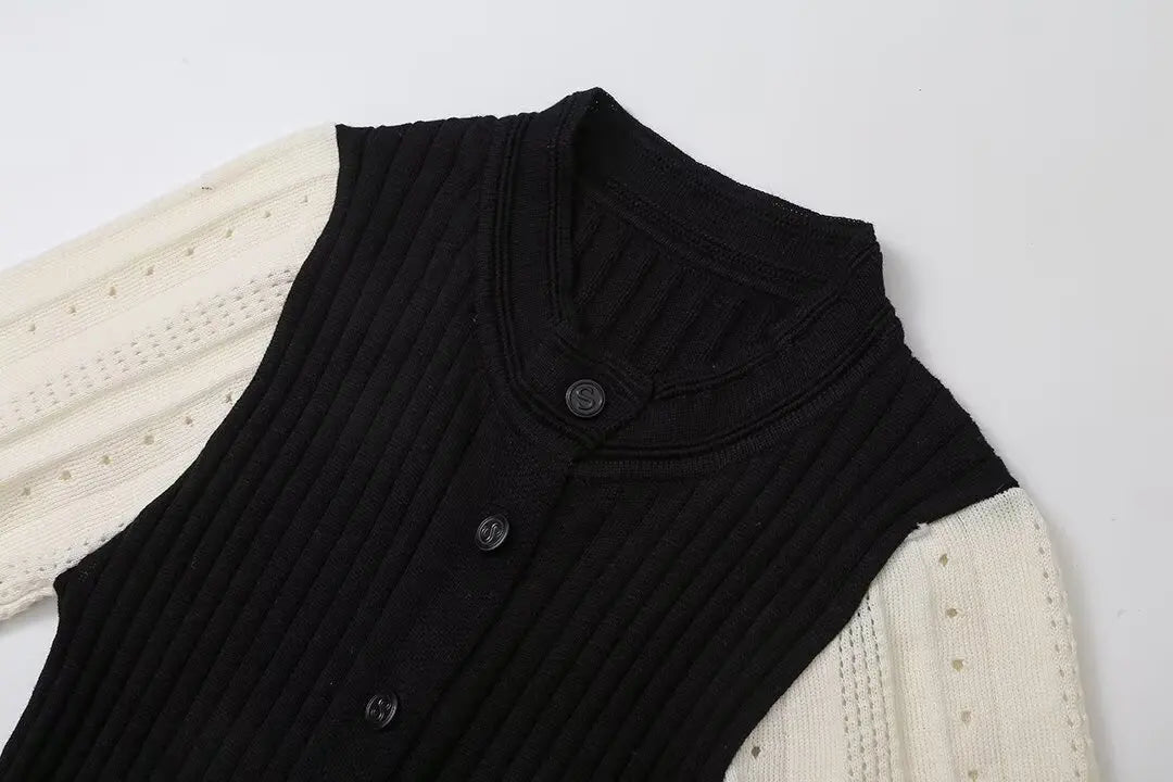 Elegant Knitted Patchwork Midi Dress Women's Short Sleeve High Waist Casual Single-Breasted Curvy Dresses Summer Black Apricot