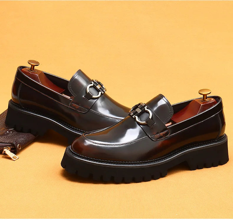 cow leather British loafers men glossy leather business casual Heightenin shoes non slip tire soles dress shoes Round toe shoes