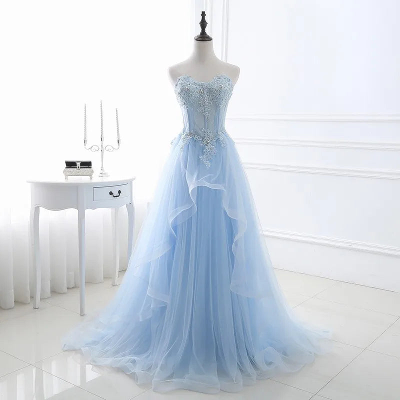 New light blue sweat long lady girl women princess prom banquet party wedding bridal dress gown
