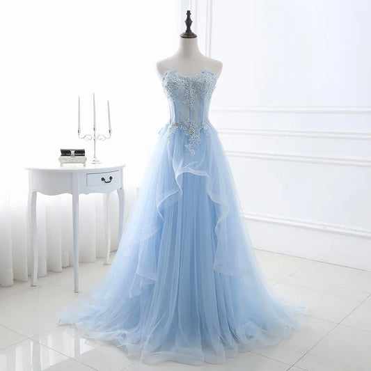 New light blue sweat long lady girl women princess prom banquet party wedding bridal dress gown