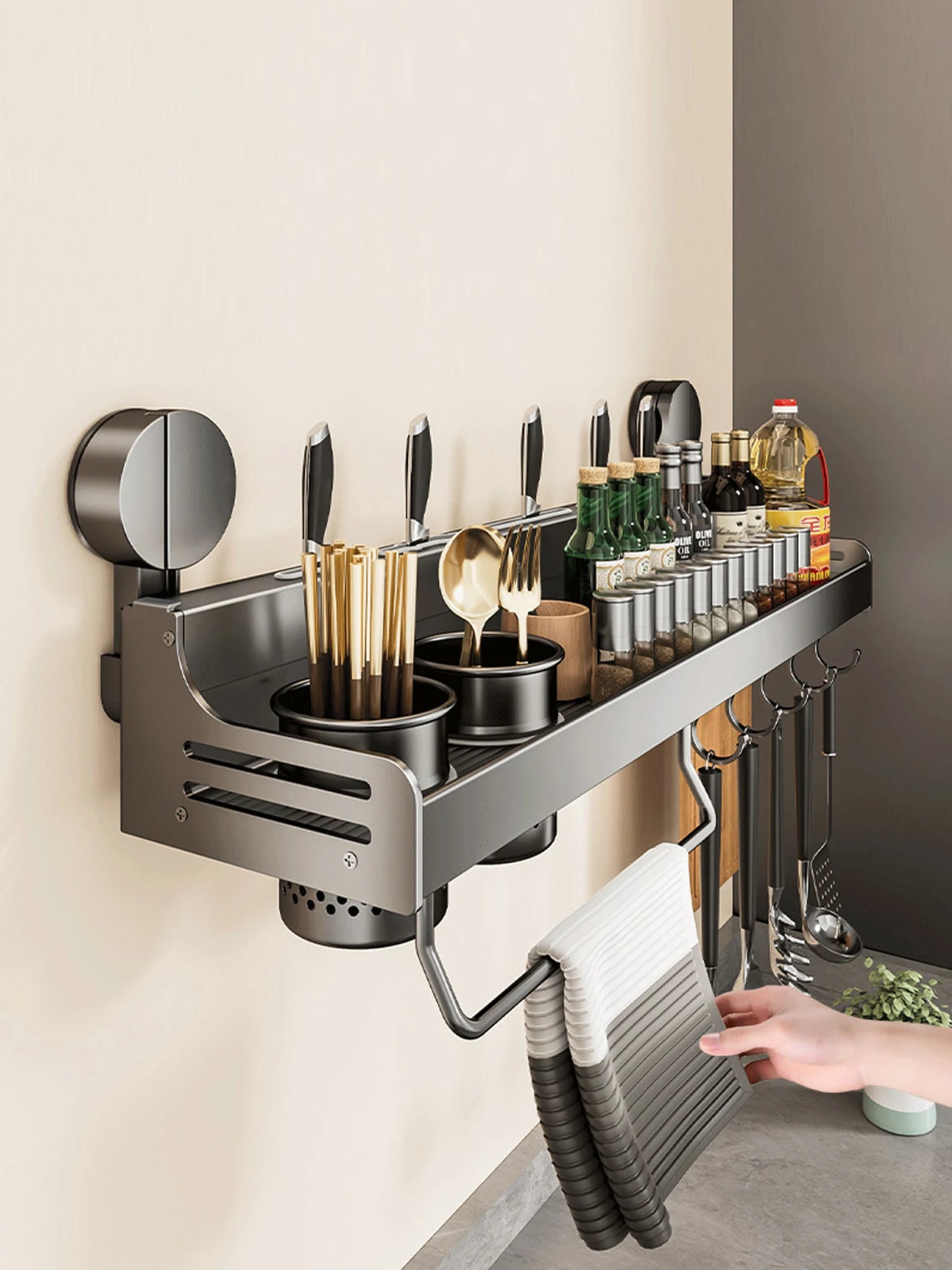 Suction Cup Kitchen Organizer Shelf Wall-mounted Spice Storage Rack Kitchen Knife Holder Wall Seasoning for Chopstick Spoon