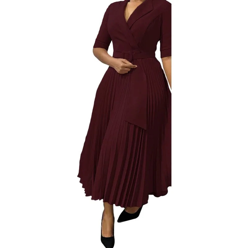 Elegant Office Ladies Dresses 2024 Autumn Fall Notched Collar Half Sleeve Belt Waisted Mid Calf Female Birthday Party Dress Midi