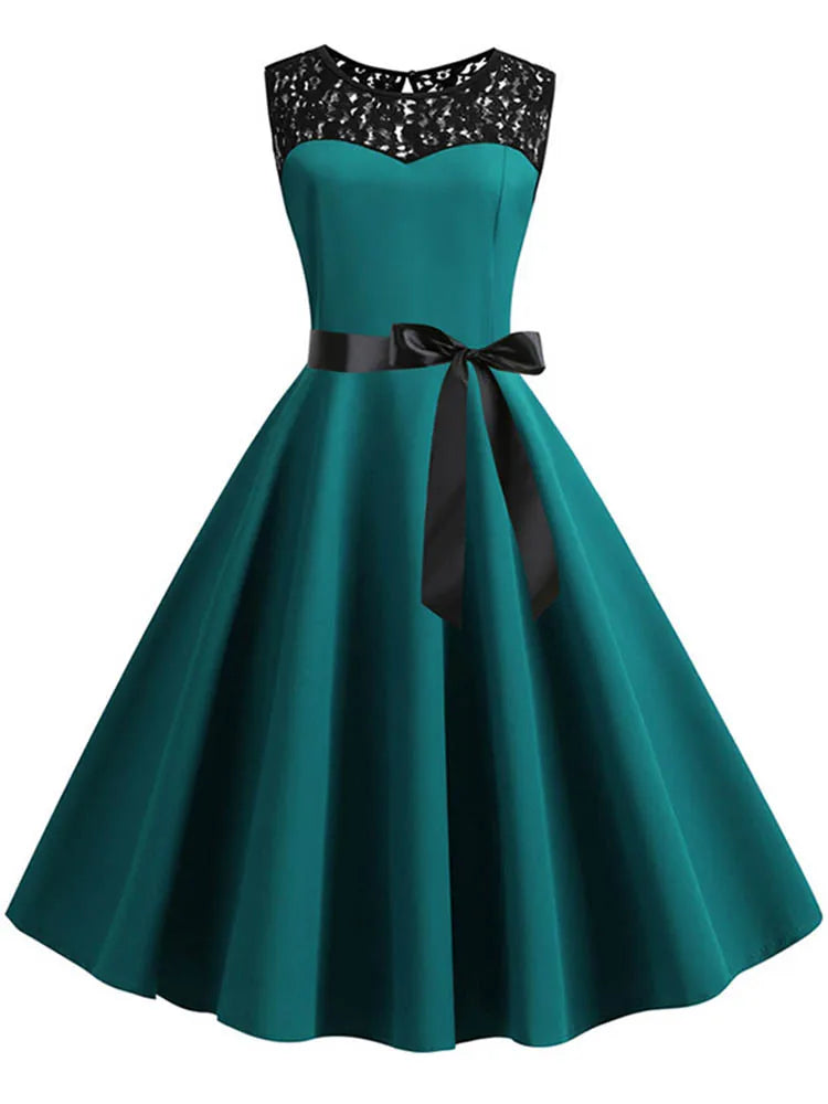 Blue Lace Patchwork Summer Dress Women Elegant Vintage Party Dress Casual Office Ladies Work Dress