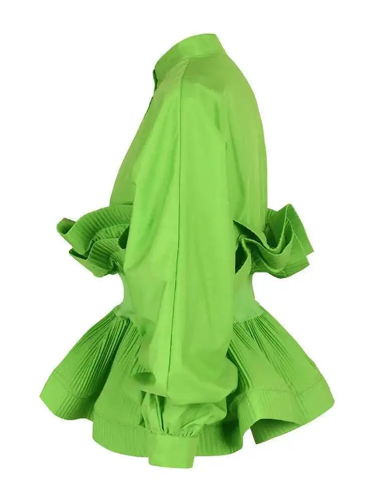 XFPV Women Puff Sleeve Pleated Ruffle Solid Casual Blouse Patchwork Y2k Top Slim Waist Shirt Sweet Summer Spring 2025 SM2983