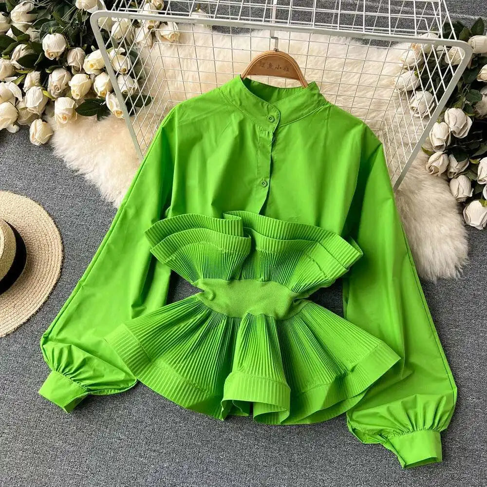 XFPV Women Puff Sleeve Pleated Ruffle Solid Casual Blouse Patchwork Y2k Top Slim Waist Shirt Sweet Summer Spring 2025 SM2983